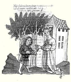 Bild: Herzeloyde und Parzival im Wald von Soltane (UB Heidelberg, Cod. Pal. germ. 339, fol. 87r)